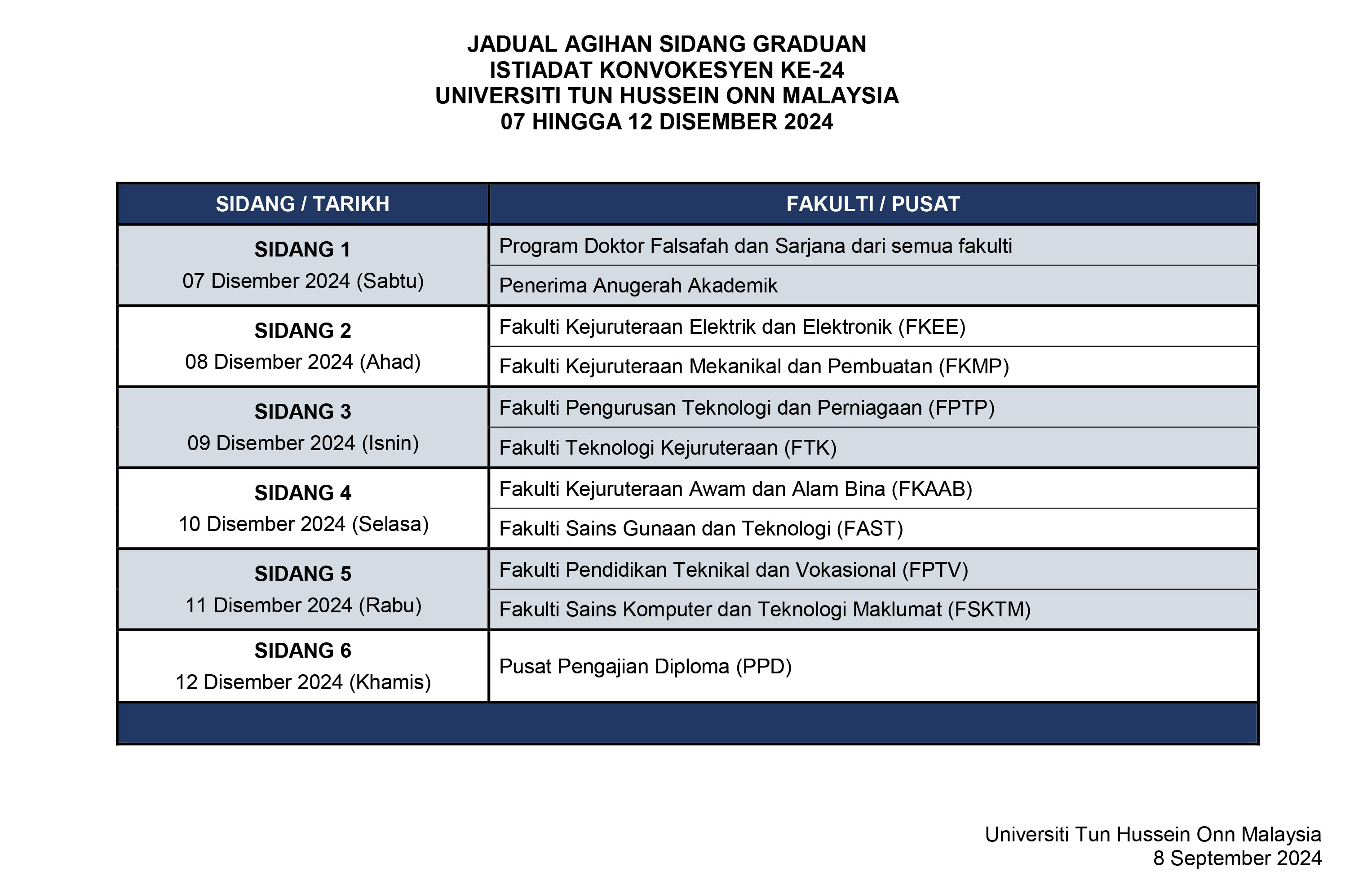 Jadual Agihan Sidang Graduan Istiadat Konvokesyen ke 24 UTHM